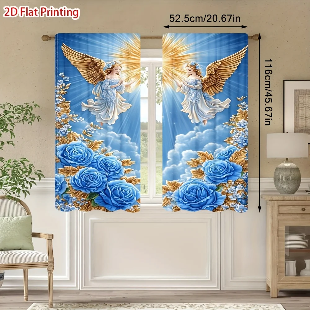 Elegant Blue Rose Angel Digital Print Curtains Window Drapes for Living Room Home Decor Floral Heavenly Goddess Style Curtains S