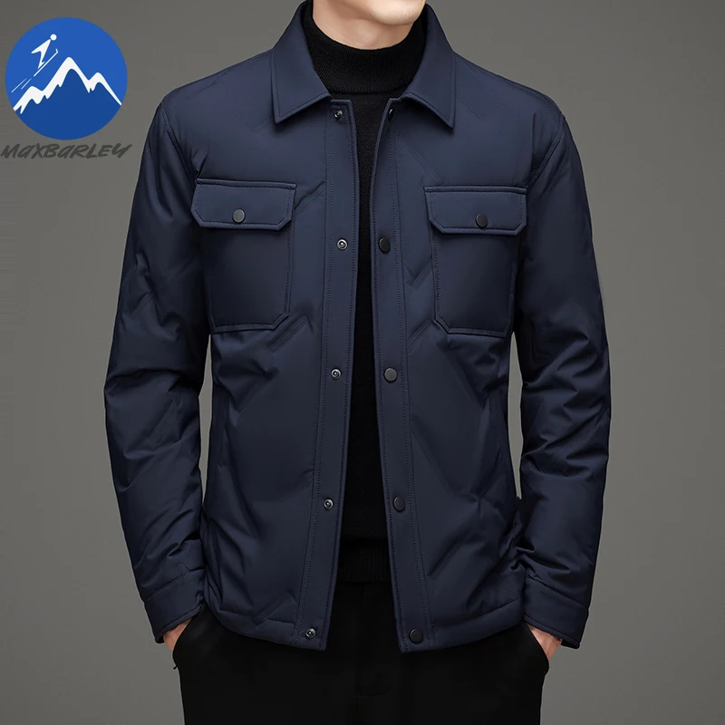 COMXZ 2025 Luxury Men Down Jacket Winter British Retro Soft Lightweight White Duck Down Coat Casual Single-breasted Puffer Parka