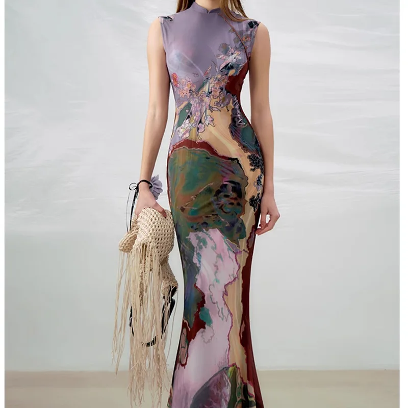 

New Chinese Style Reversible Color Block Qipao Dress Women Printed Mermaid Vest Dress Two Way Wear Fashion Outfit High Quality