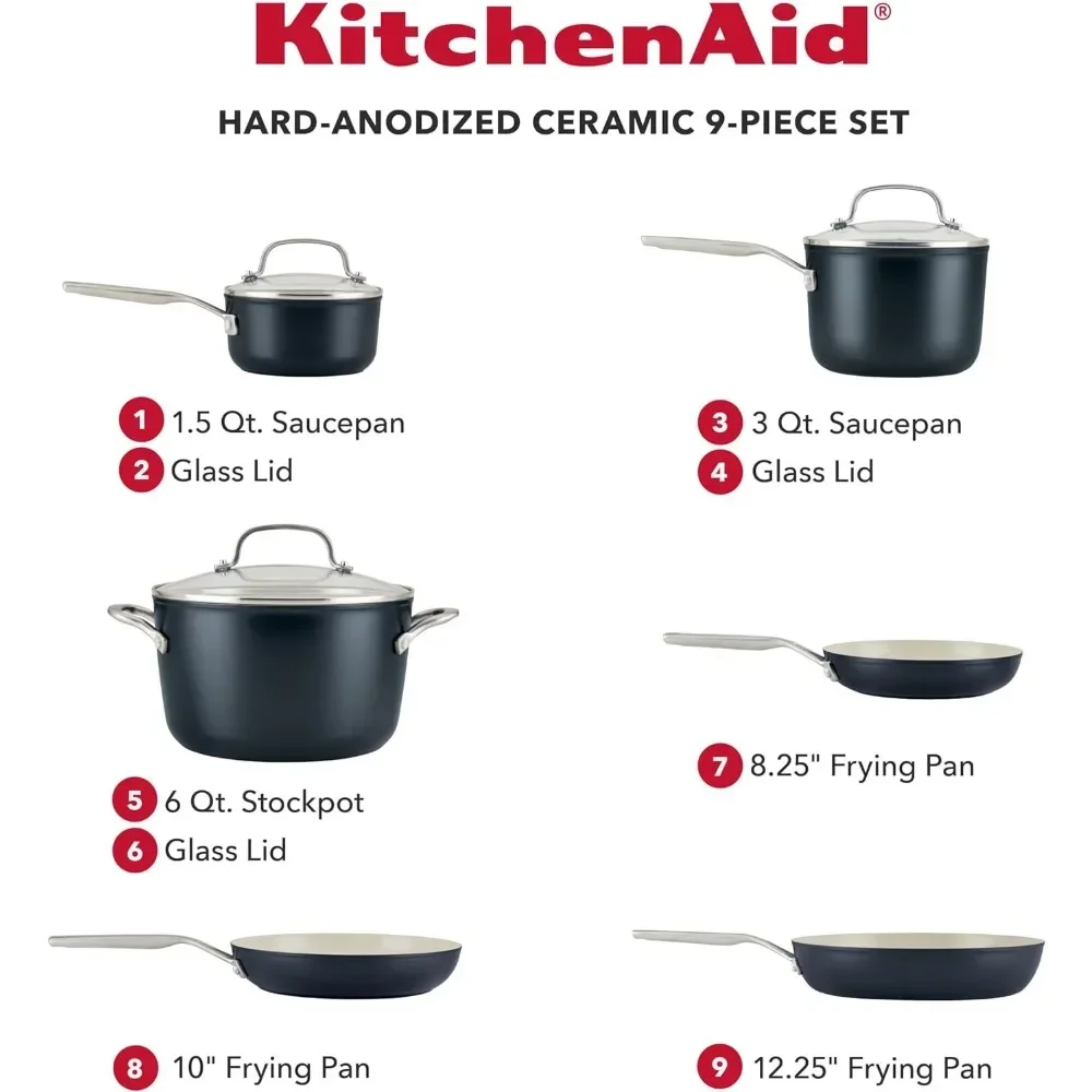 Hard Anodized Ceramic Nonstick Cookware Pots and Pans Set, 9 Piece - Matte Black