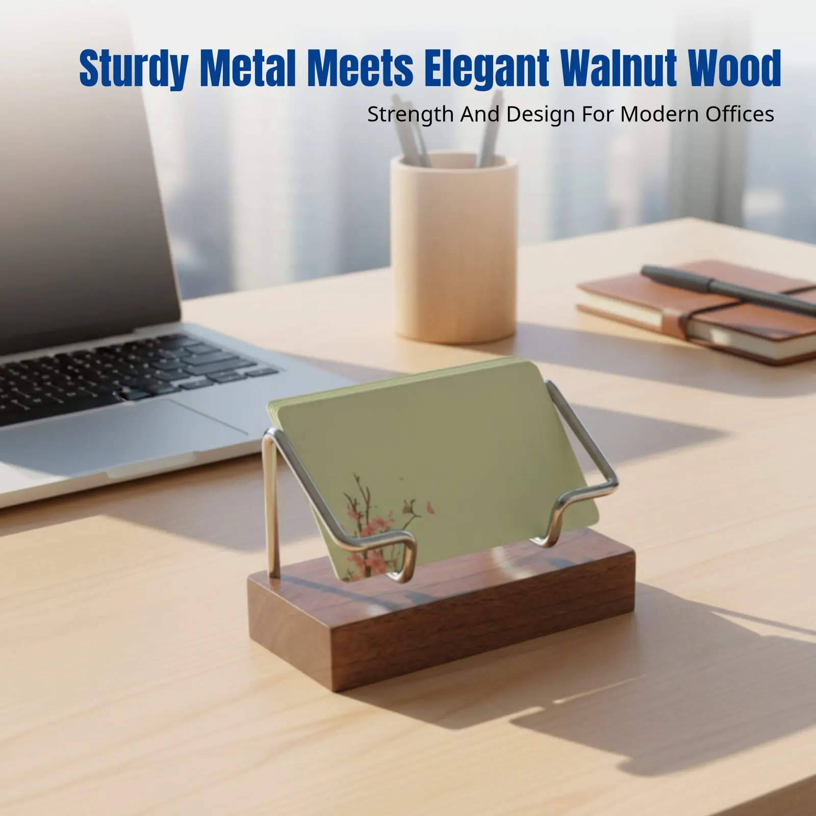 

Walnut Business Card Holder, Metal Stand, Modern Desktop Organizer, Office Reception Display