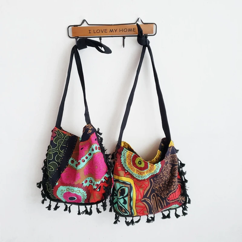 

3 шт. сумки через плечо женские ретро холст национальная лоскутная сумка через плечо большой емкости с кисточкой