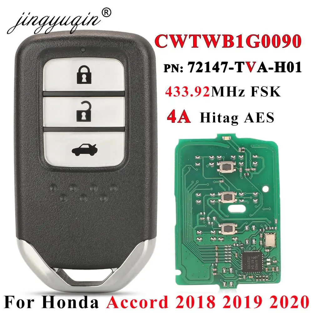 

jingyuqin 72147-TVA-H01 Smart Keyless Remote fob Car Key for Honda ACCORD 2018+ CWTWB1G0090 433.92MHz 4A HITAG AES NCF29A3M 3BTN