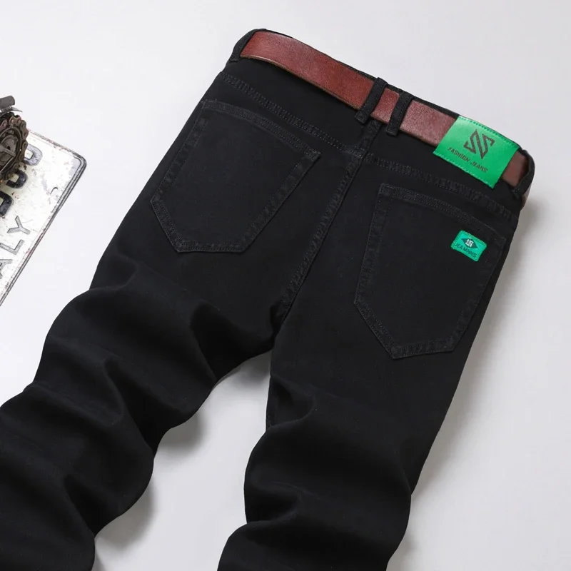 

Black Fashion Slim Straight Jeans Men's Spring New Stretch Cotton Casual Denim Pants Business Trousers Brand Clothes