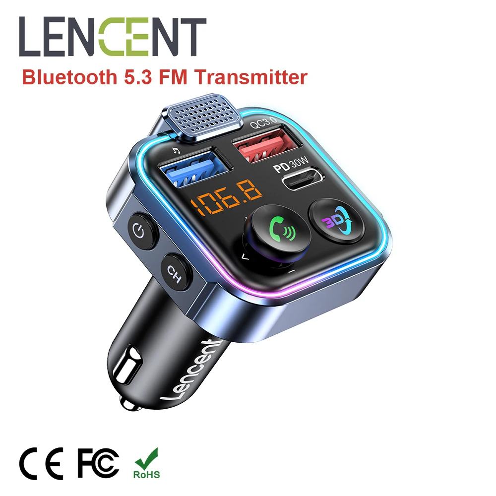 LENCENT Bluetooth 5.3 FM Transmitter with Type C PD 30W & QC3.0 USB Fast Charger Hands-free Supporting USB Memory Stick Adapter