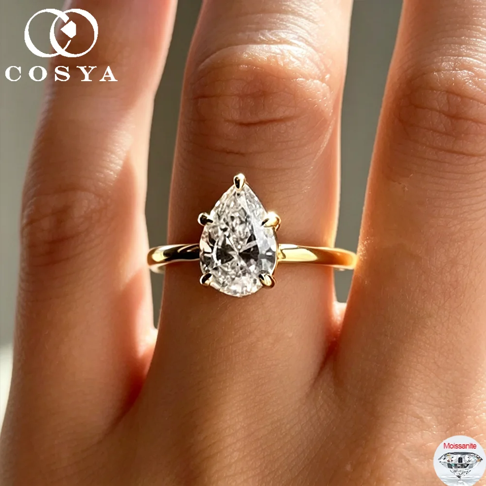 COSYA 1-5CT Pear Cut Moissanite Diamond Ring for Women 925 Silver Plated 18K Gold Waterdrop Solitaire Wedding Band Fine Jewelry