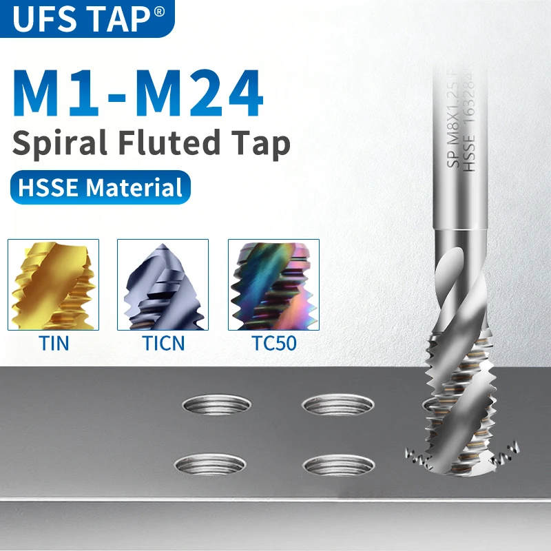 UFS TAP HSSE -M35 1PCSSpiral Fluted Tap Machine Without/Titanium/TC50/TICN/OX Coating M1M1.2M1.4M1.5M1.6M1.7M1.8M2M3M4M5-M24