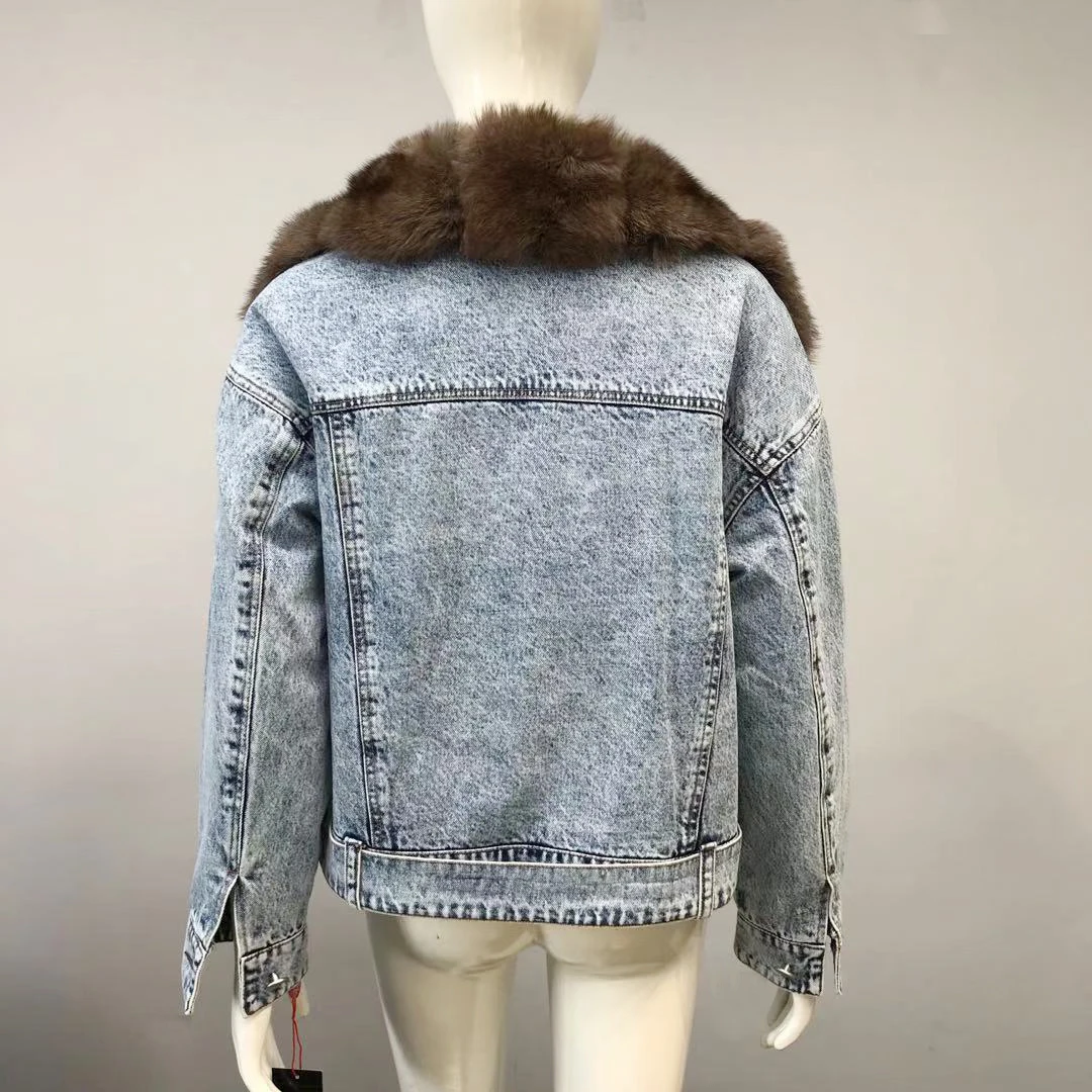 Moda y2k mulheres denim jaqueta com pele de luxo alta qualidade casual outertwear manga longa lapela genuína pele real denim casaco senhora