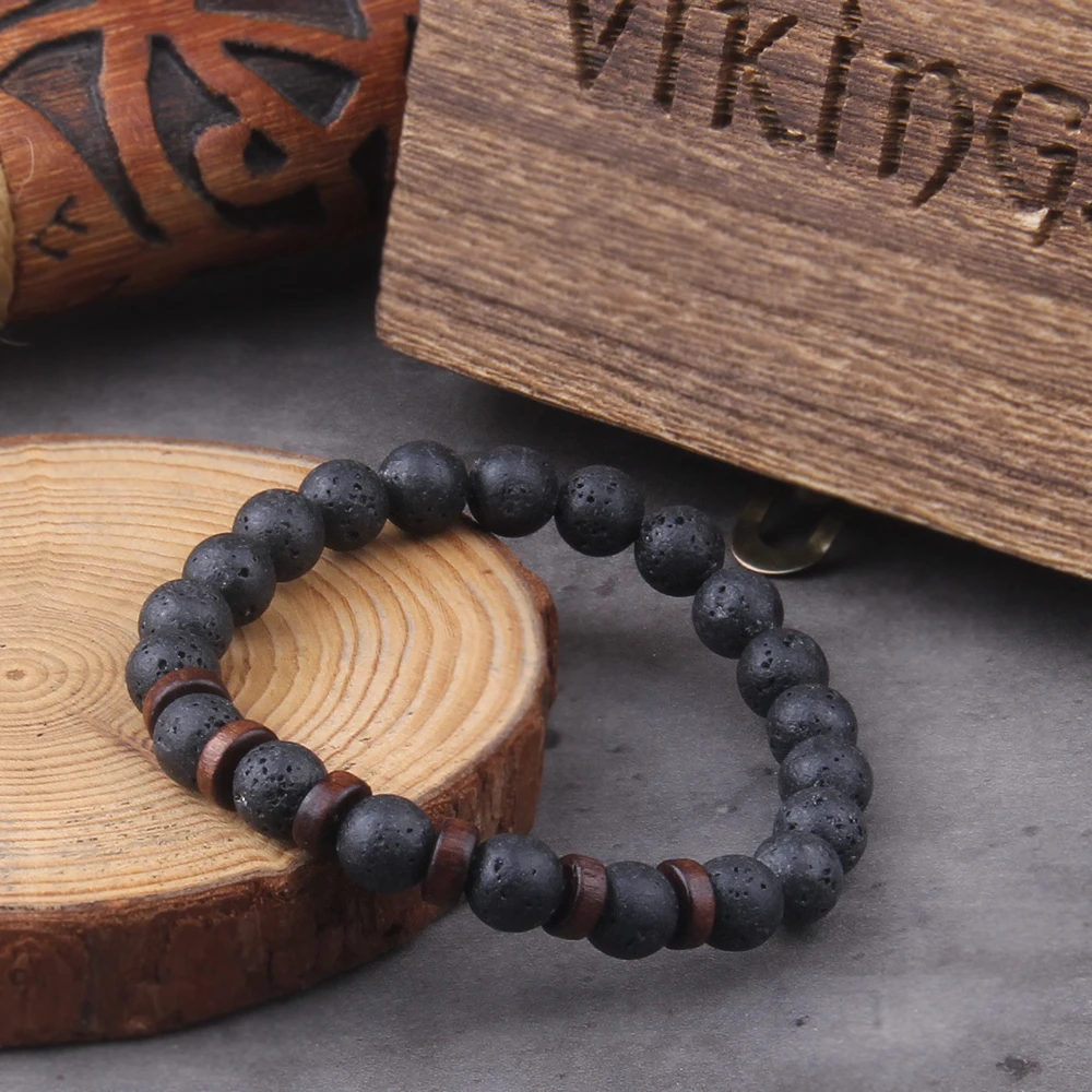 Fashion Natural Lava Stone Wooden Beads Energy Yogi Elastic Stand Bracelet Bangle For Men Accessorie Jewelry Valentine Gift