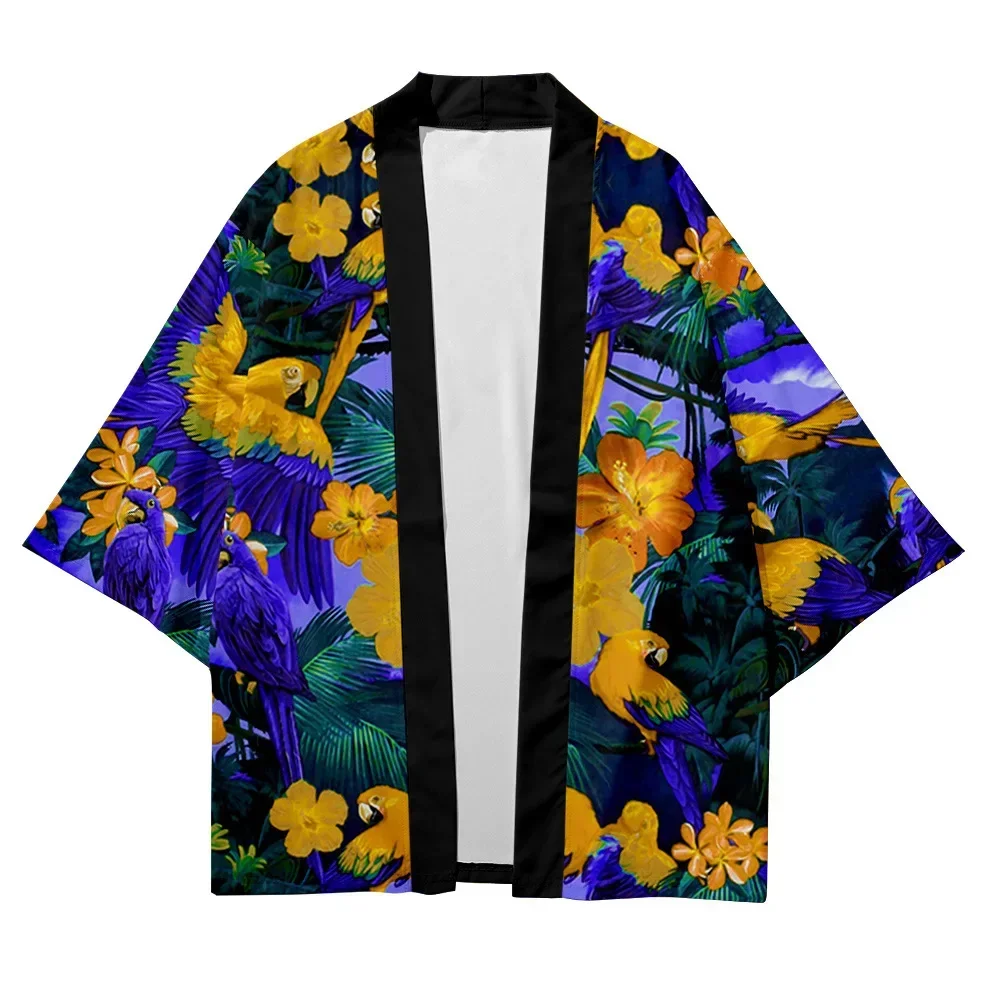 Zomerpapegaaienprint Kimono Cosplay Unisex Hawaiian Shirt Strandtops Mode Yukata Badjas Losse Kimono Trendy Haori Bovenkleding