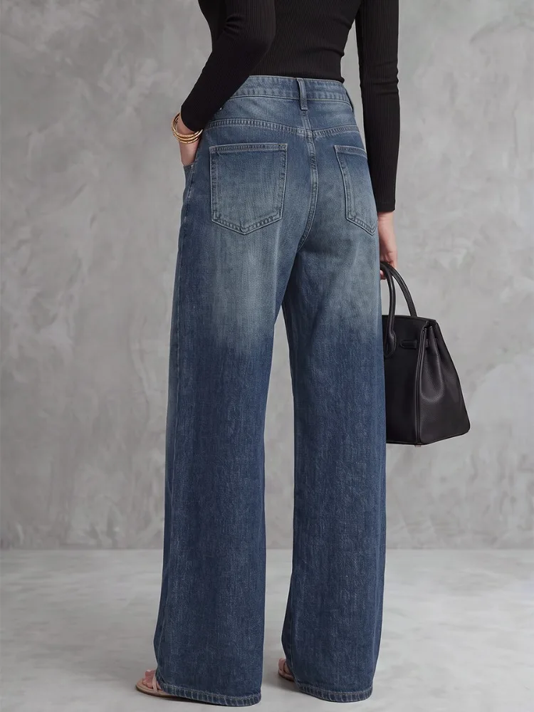 UOOZEE Women High Waist Wide Leg Jeans Floral Printed Metal Eyelet Hollow Denim Pants Loose Casual Office Trousers For Ladies
