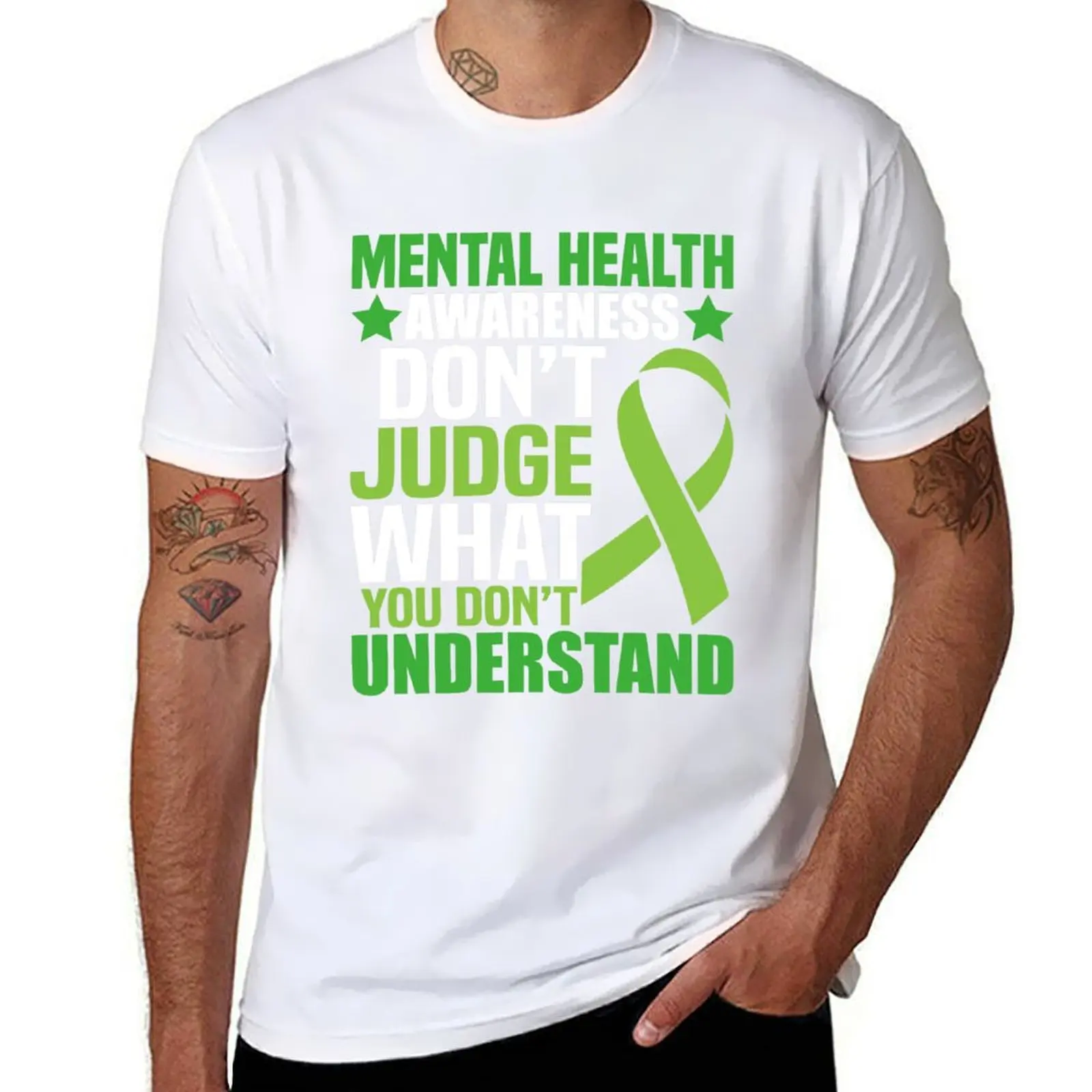 

mental health awareness green ribbon T-Shirt man t shirt summer t shirt for man 100 percent cotton T-Shirt