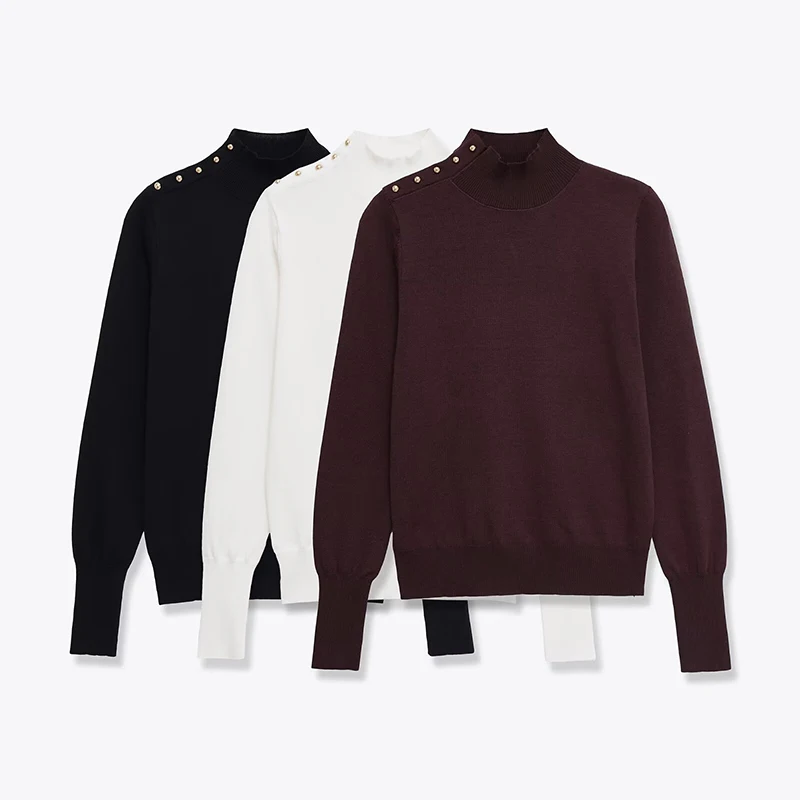 

2026 Women Casual Turtleneck Long Sleeve Knitted Pullovers Spring Autumn Solid Button Sweaters