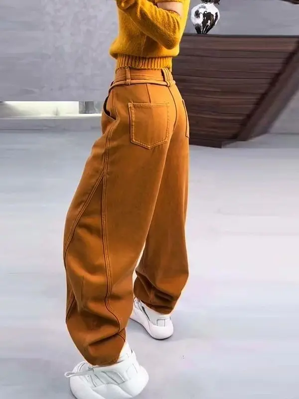 

Оранжевые джинсы с широкими штанинами на флисовой подкладке, женские, зимний дизайн, свободные, стройнящие, прямого кроя, с высокой талией, на молнии, повседневные, S...