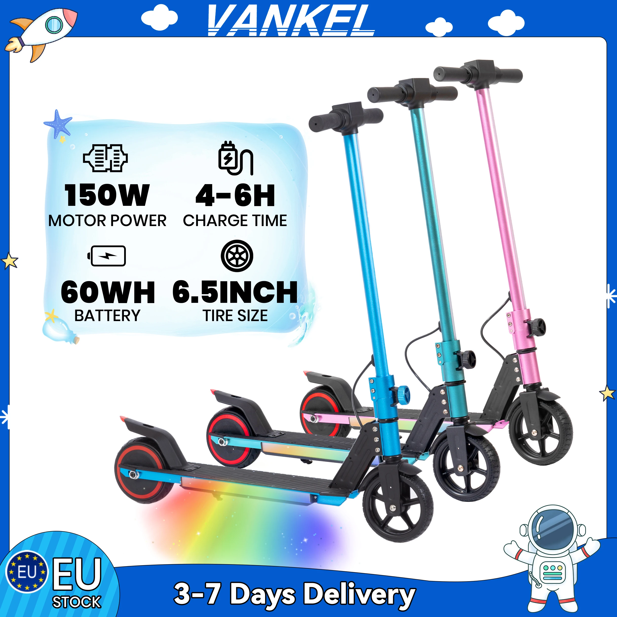 Vankel Kinder-Elektroroller, Faltbarer 6,5-Zoll Kinder-E-Scooter, 150W Motor, 60Wh Akku-Roller für Jungen & Mädchen im Alter von 6-12 Jahren
