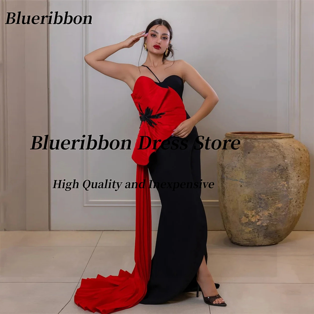 

Blueribbon Robes De Soirée Спагетти Милая Черные платья для выпускного вечера Бисероплетение Красный цветок Flutters Вечерние платья по индивидуальному заказу