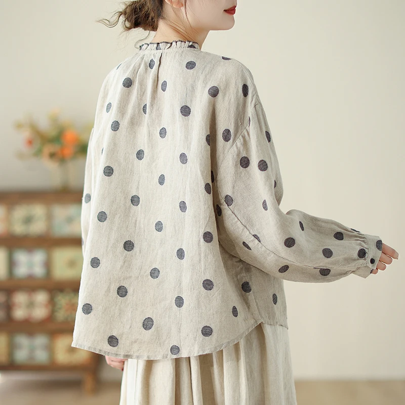 Kemeja Linen katun polkadot Vintage musim panas musim semi blus Retro longgar kasual lengan panjang wanita atasan