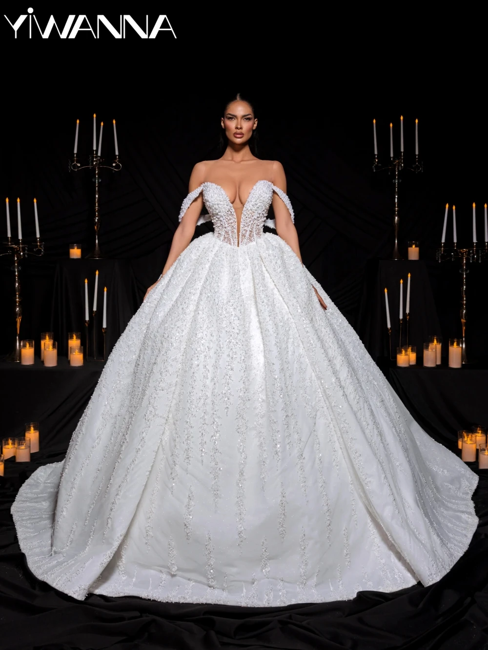 

Dazzling Luxurious Pearls Princess Long Wedding Dress Deep V-neck Off Shoulder Bridal Gown Customized Dreamy Dresses For Bride