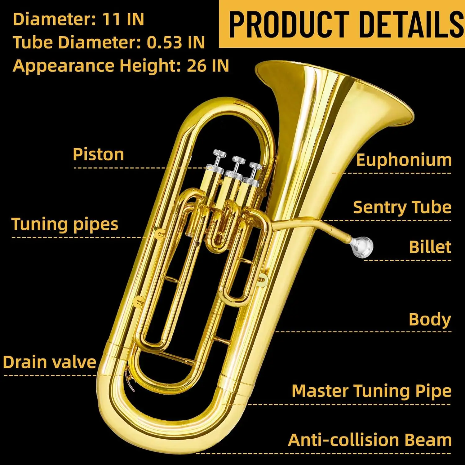 Instrumen kuningan Euphonium dengan wadah, corong, kain, dan sarung tangan-Model kinerja pita kuningan standar