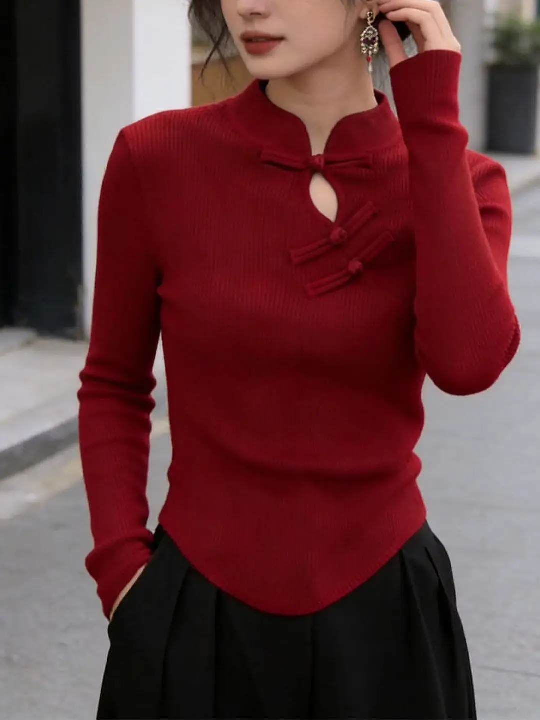 

2025 New Style Big Red Half High Collar Sweater Base Shirt Women's Autumn Winter Inner Wear New Chinese National Style up Shirt