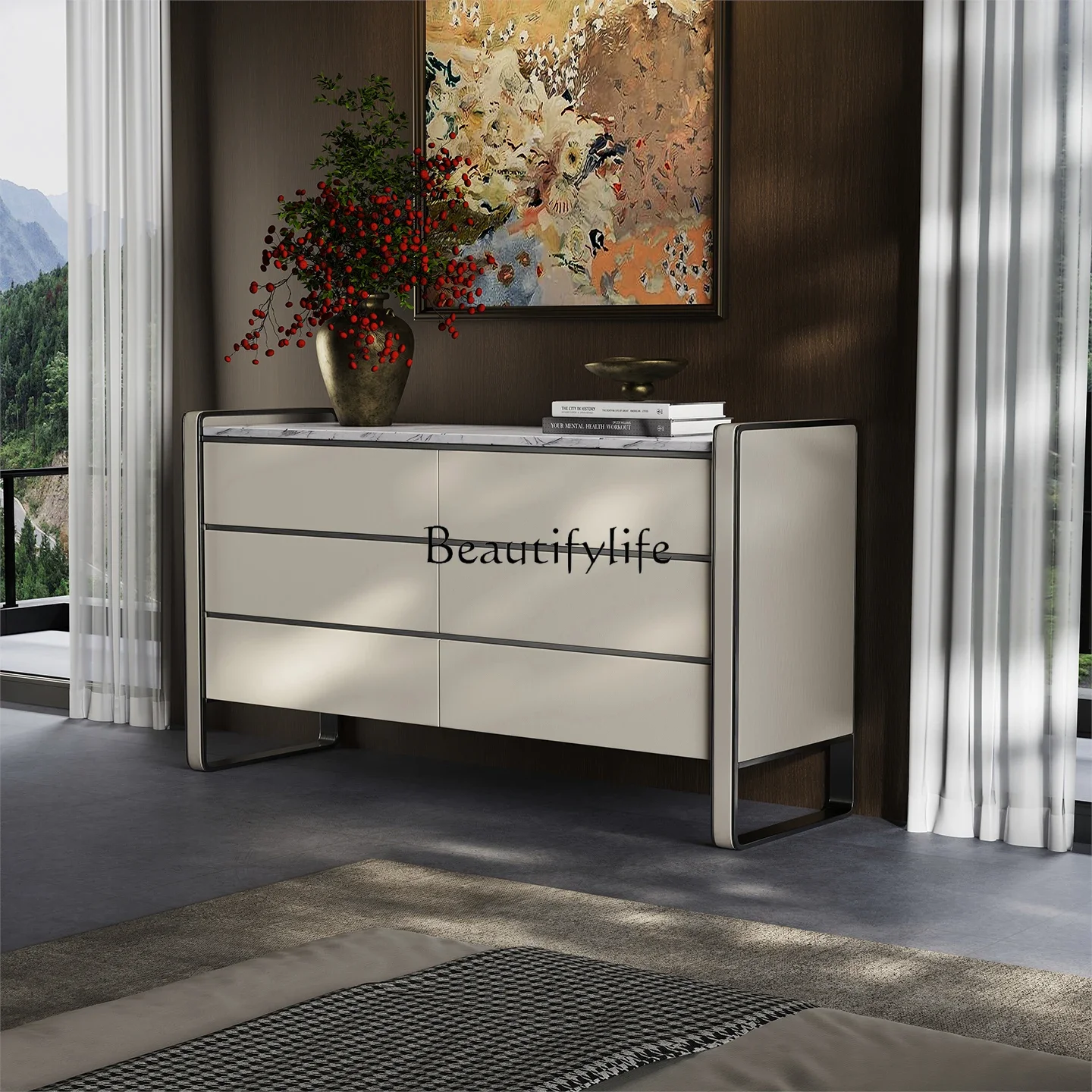 

5ld14 Italian Minimalist Storage Cabinet Modern Simple Light Luxury High-End Solid Wood Wall-Mounted Storage Cabinet