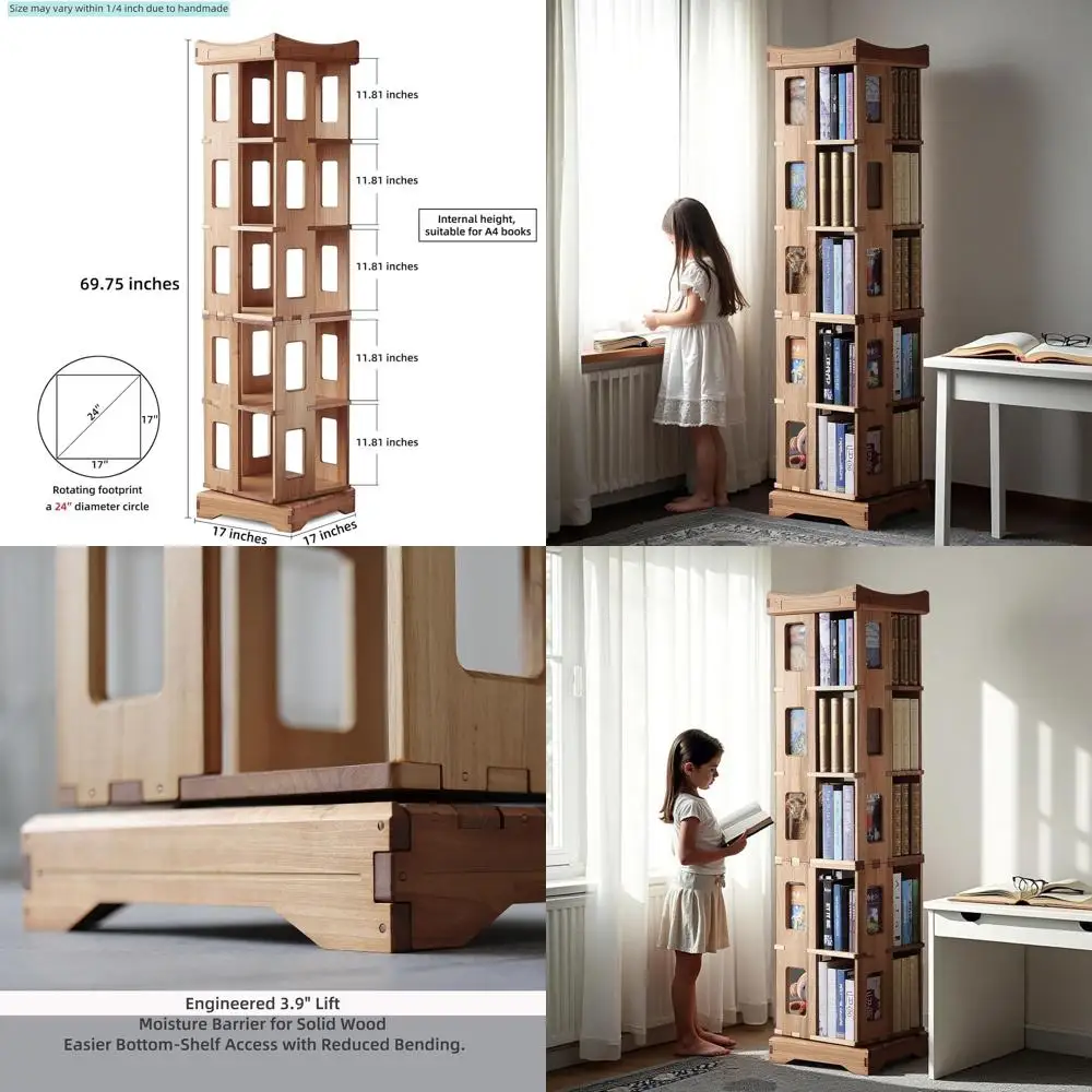 

Большой вращающийся книжный шкаф из массива дерева, 5-ярусный, 360° ° Вращающаяся напольная вращающаяся полка-органайзер для хранения вещей в небольших помещениях, кабинетах или офисах