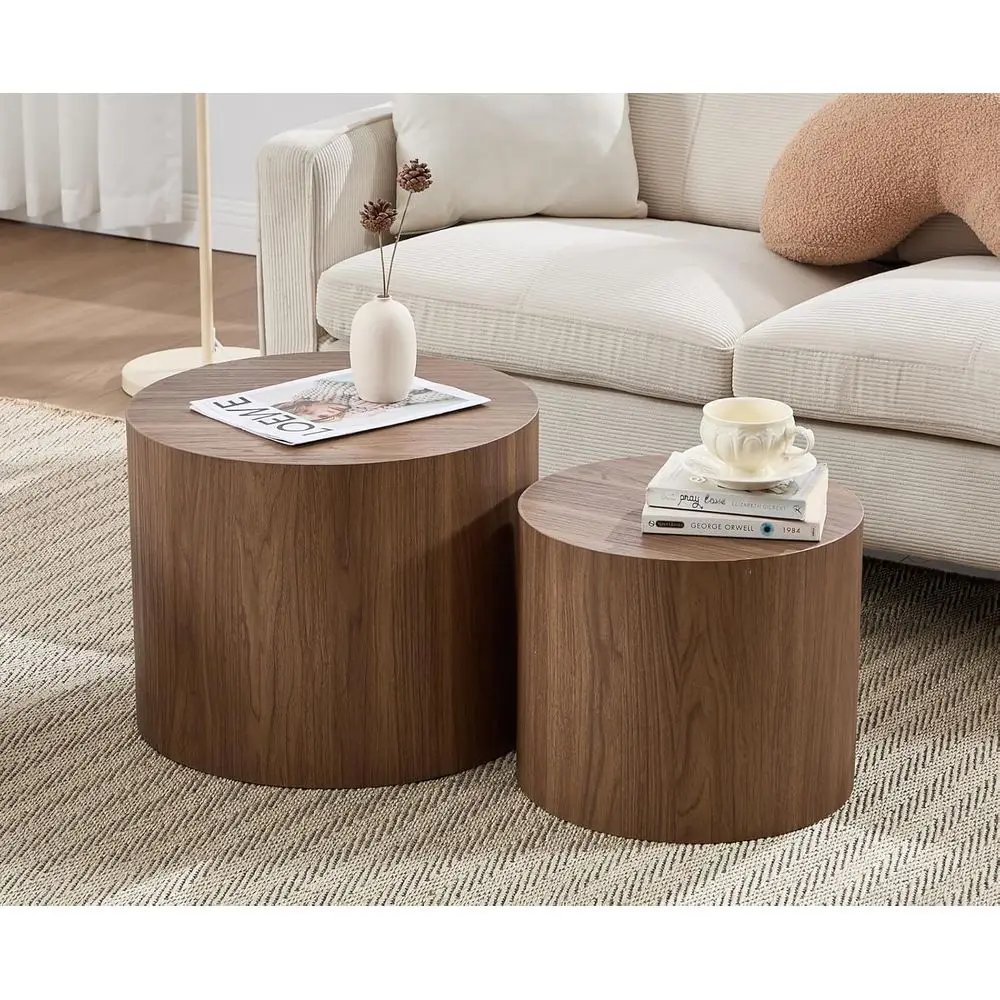 

Farmhouse Style Round End Tables Set, Modern Wood Side Tables, Small Space Living Room, Bedroom, Balcony, Walnut Finish, No Asse