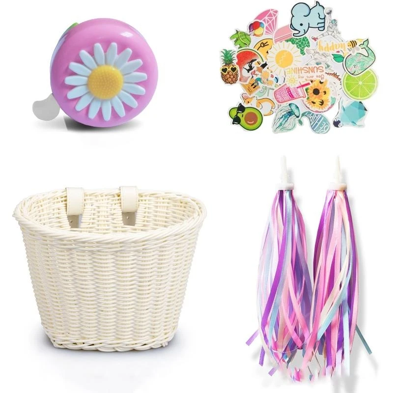 AliExpress NONE Child Bike Basket, Hand Knitting Girl's Basket Front Deco and 1 Pair Kids Bike Tassel Tape