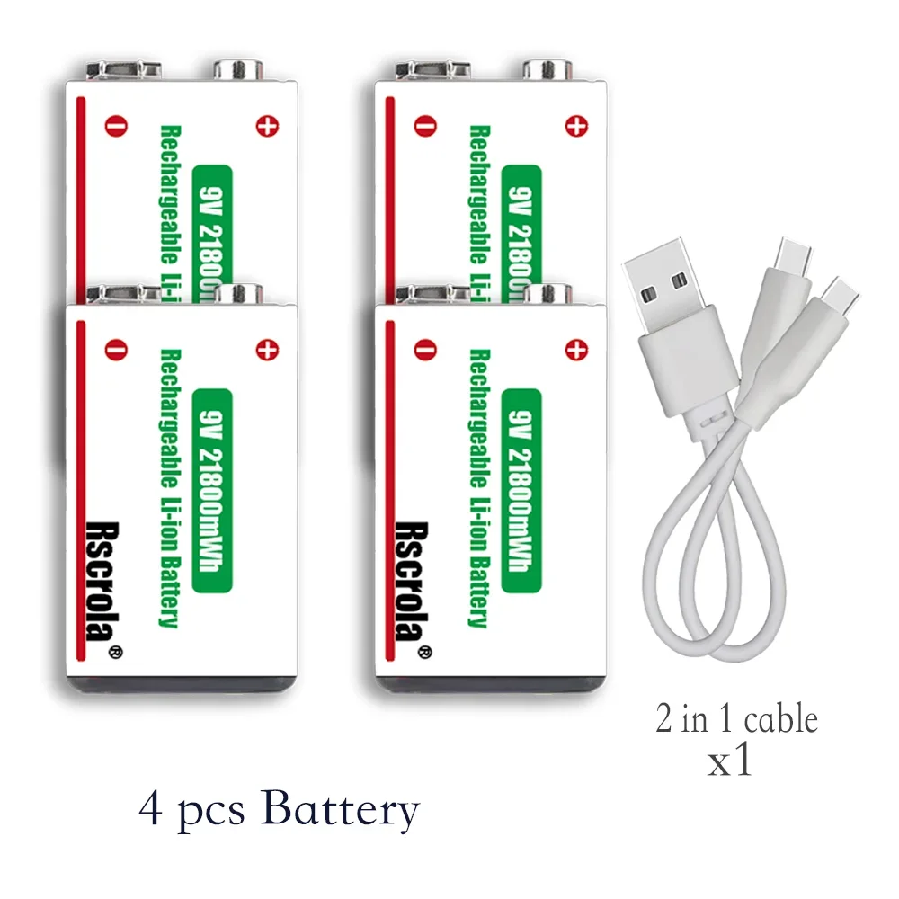 Langdurige 9V Lithium-ion Oplaadbare Batterij 21800mWh Hoge Capaciteit voor Gitaar Microfoon Rookmelder Pedaal met Kabel