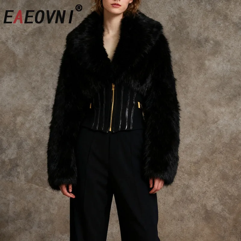

EAEOVNI Black Fur Spliced Women's Jacket Fashion Lapel Zipper Design Long Sleeve Warm Coat 2025 Autumn Winter New Clothing