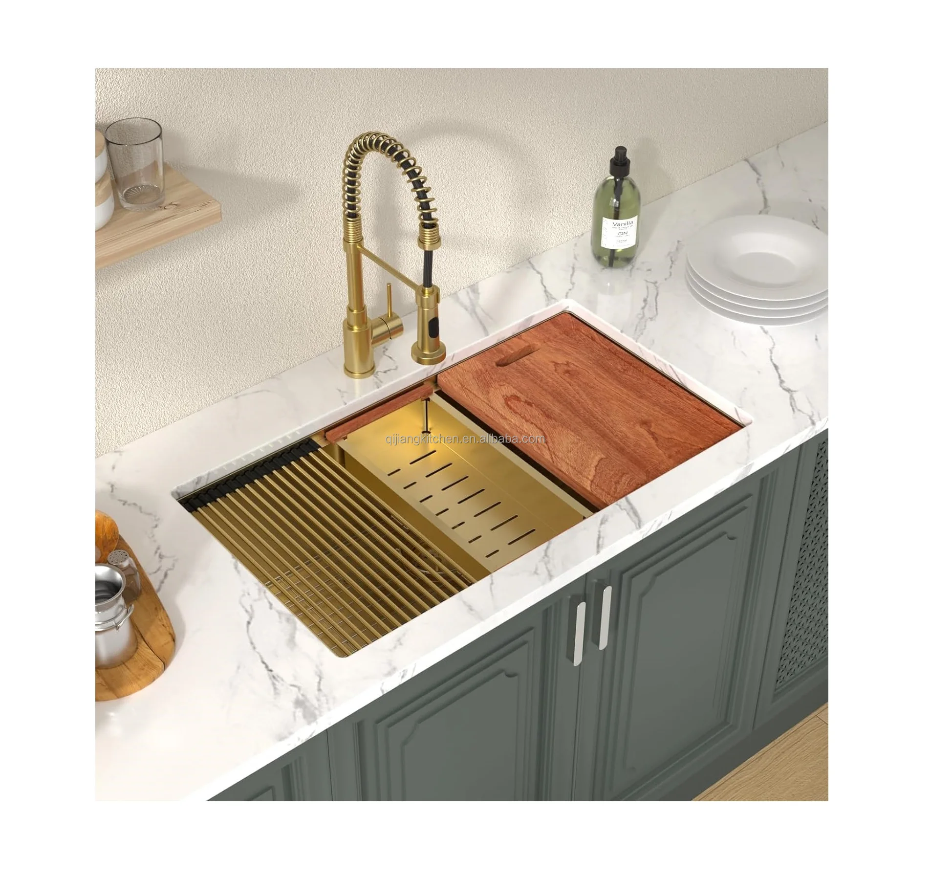 32 Inch Gold Undermount Kitchen Sink Stainless Steel Undermount Workstation Single Bowl 16 Gauge Under Counter Kitchen Sink