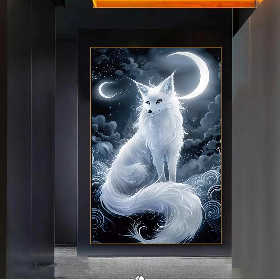 2024 Diamond Painting Art Mosaic Jewelry Cross Stitch Kit Fantasy White Fox Moon  5D DIY Rhinestone Embroidery Home Decor Gift