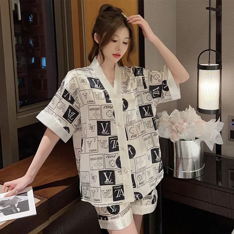 

Luxury Silk Sleepwear Kimono Ice Silks Women Pajamas Set Summer Kimono V-neck Lapel Homesuits Casual Loungewear Sexy Nightwear