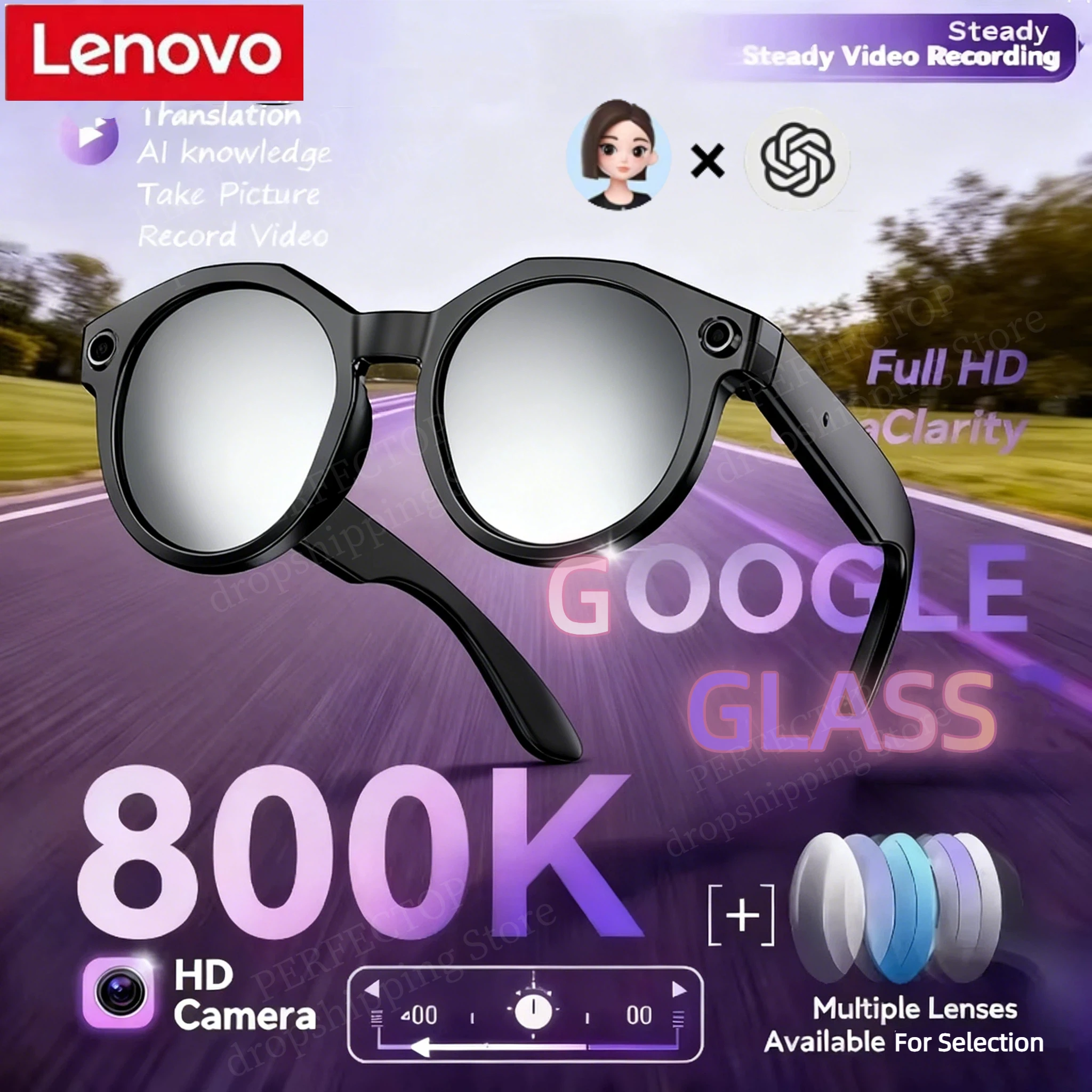 Lenovo Smart AI Glasses 8MP HD 4K Shooting Camera Photo Video Voice Call Translation Waterproof Bluetooth AI Motorcycle Glasses