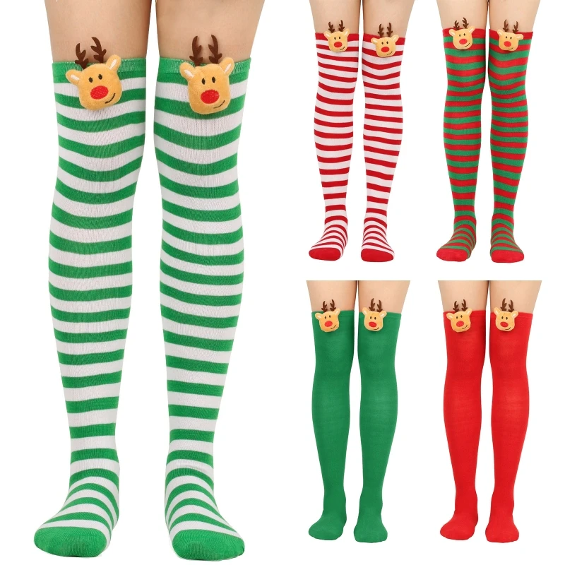 Women Holiday Thigh High Long Socks 3D Elk Christmas Stripe Stockings Hosiery