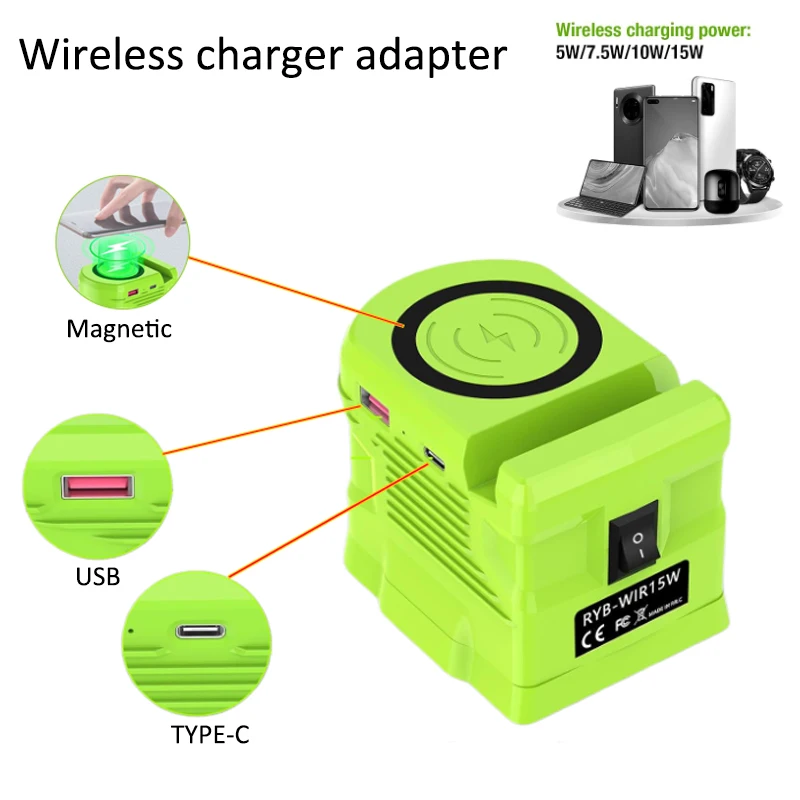 Wireless Charging Adapter For Ryobi 18V Li-ion Battery Wireless Phone Charger with USB Type-C Charge Port  Portable Power Bank