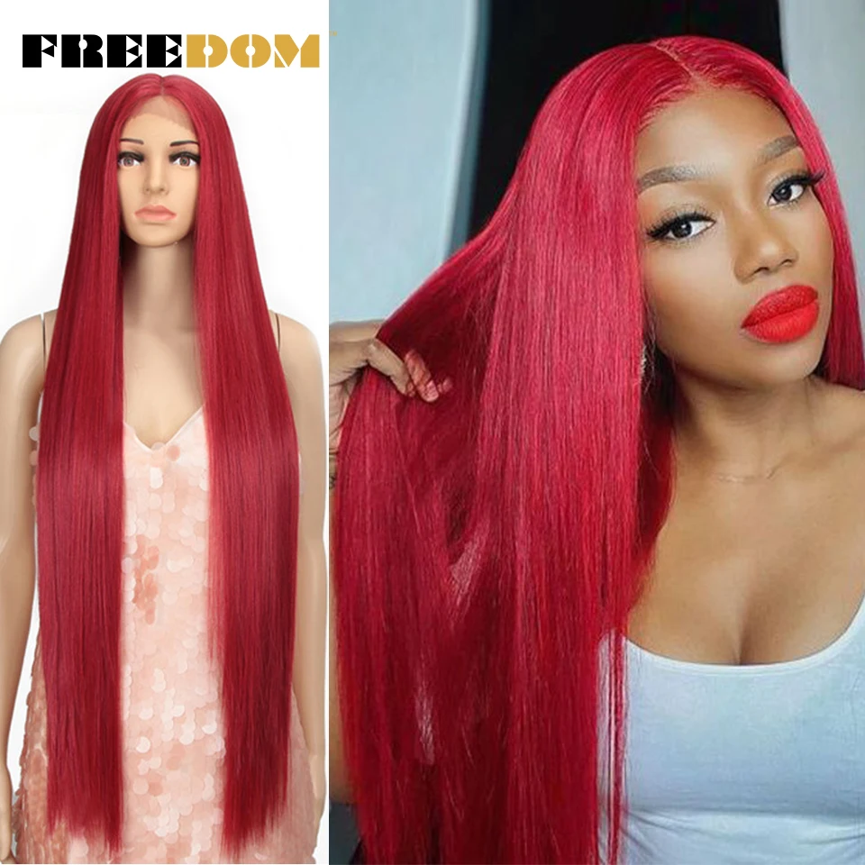 FREEDOM Gerade Synthetische Lace-Front-Perücke für Frauen 38 Zoll Lang Ombre Braun Rot Blond Highlight Lace-Frontal-Perücken Cosplay-Perücke – Detail 6