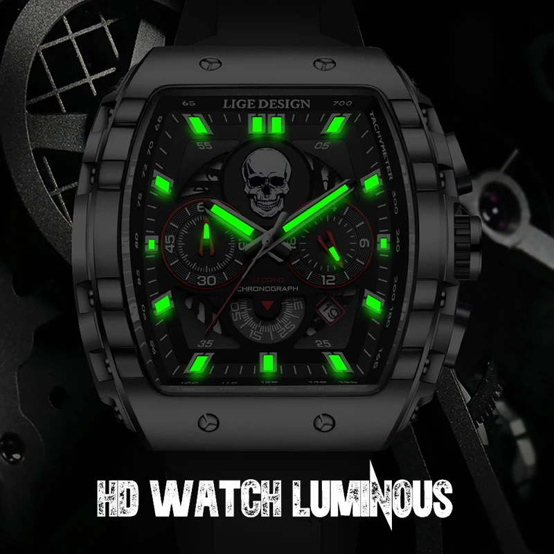 New LIGE Top Watch For Man Black Silicone Sport Army Skull Square Dial Quartz Watches Men Chronograph Date Clock Gift saat erkek