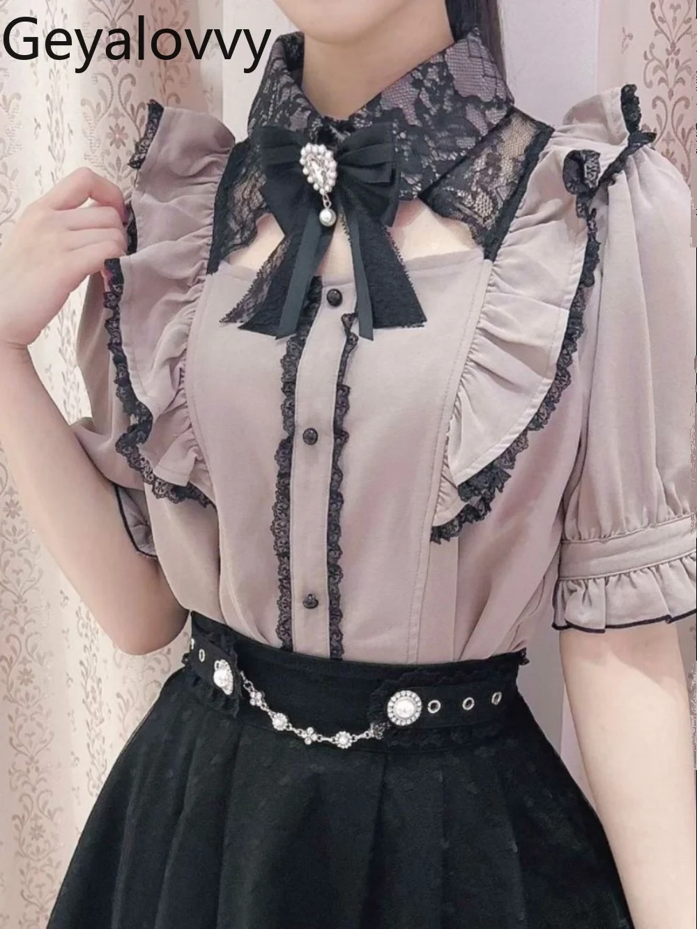Mine Series Mass-ผลิตเสื้อสีขาวญี่ปุ่นElegant Lace Bow Tieจีบลูกไม้เสื้อแขนสั้นหญิงCamisas De Mujer