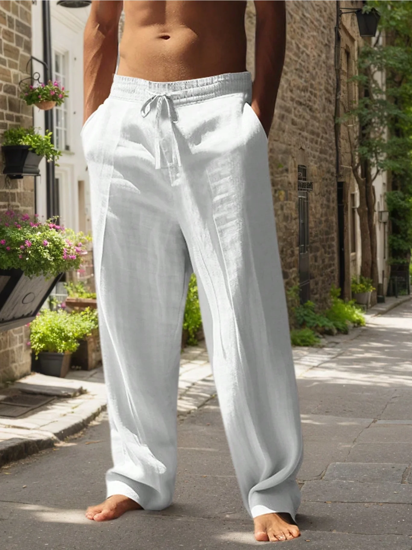 Neue Sommerhose mit Leinenstruktur, locker geschnitten, bodenlang, weites Bein, mit Drapierungseffekt, einfarbig, vielseitige Herren-Freizeithose für