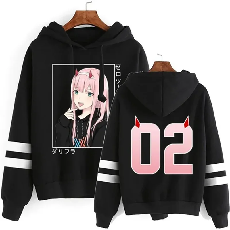 New Zero Two Striped Hoodies Women Fashion Fleece Long Sleeve Hooded Pullover Casual Streetwear Anime Sweatshirt