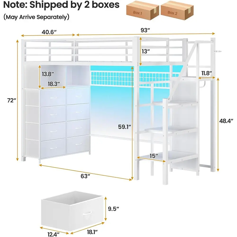 ADORNEVE Twin Size Lot Bed with Storage Stairs, 8 Ders, Metal Kids Lot Bed Twin with LED Lights, Power Outlet, Shelves and Wardr - view 2