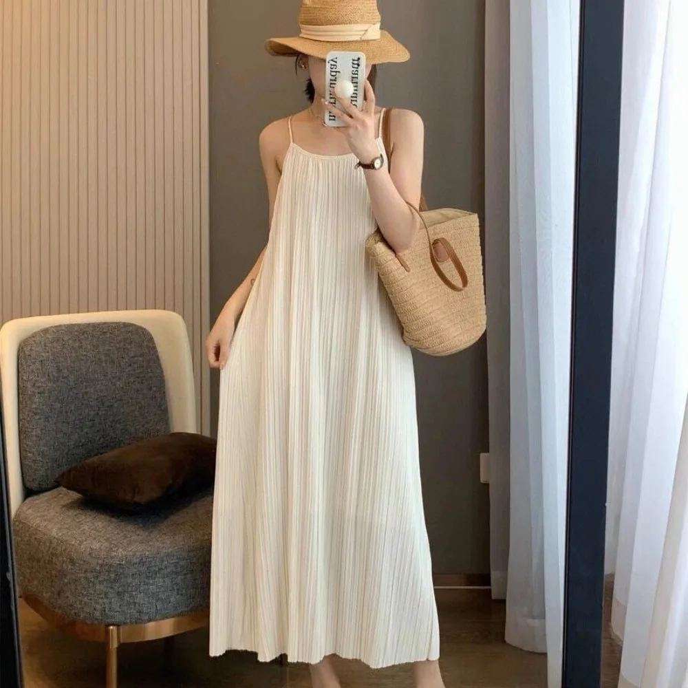 

Elegant A-line Loose Sling Dress Round Neck Solid Color Sleeveless Long Dress Beachwear Beach Vacation Sundress Streetwear