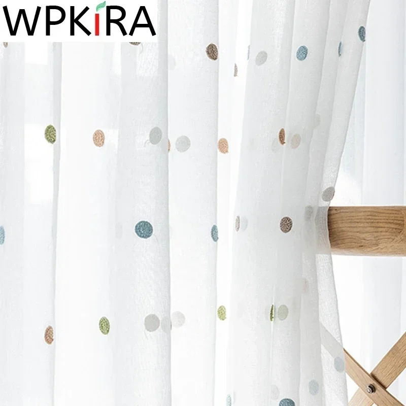 Colorful Dots Embroidered White Tulle Curtain for Kids Bedroom Living Room Modern Linen Sheer Voile Window Screen Panel ZH035H