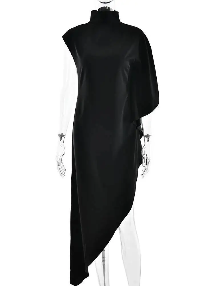 JULISSA MO 새틴 불규칙한 터틀넥 여성 미디 드레스 화이트 망토 슬리브 하이 웨이스트 드레스 여성 가을 ​​슬림 우아한 streetwear