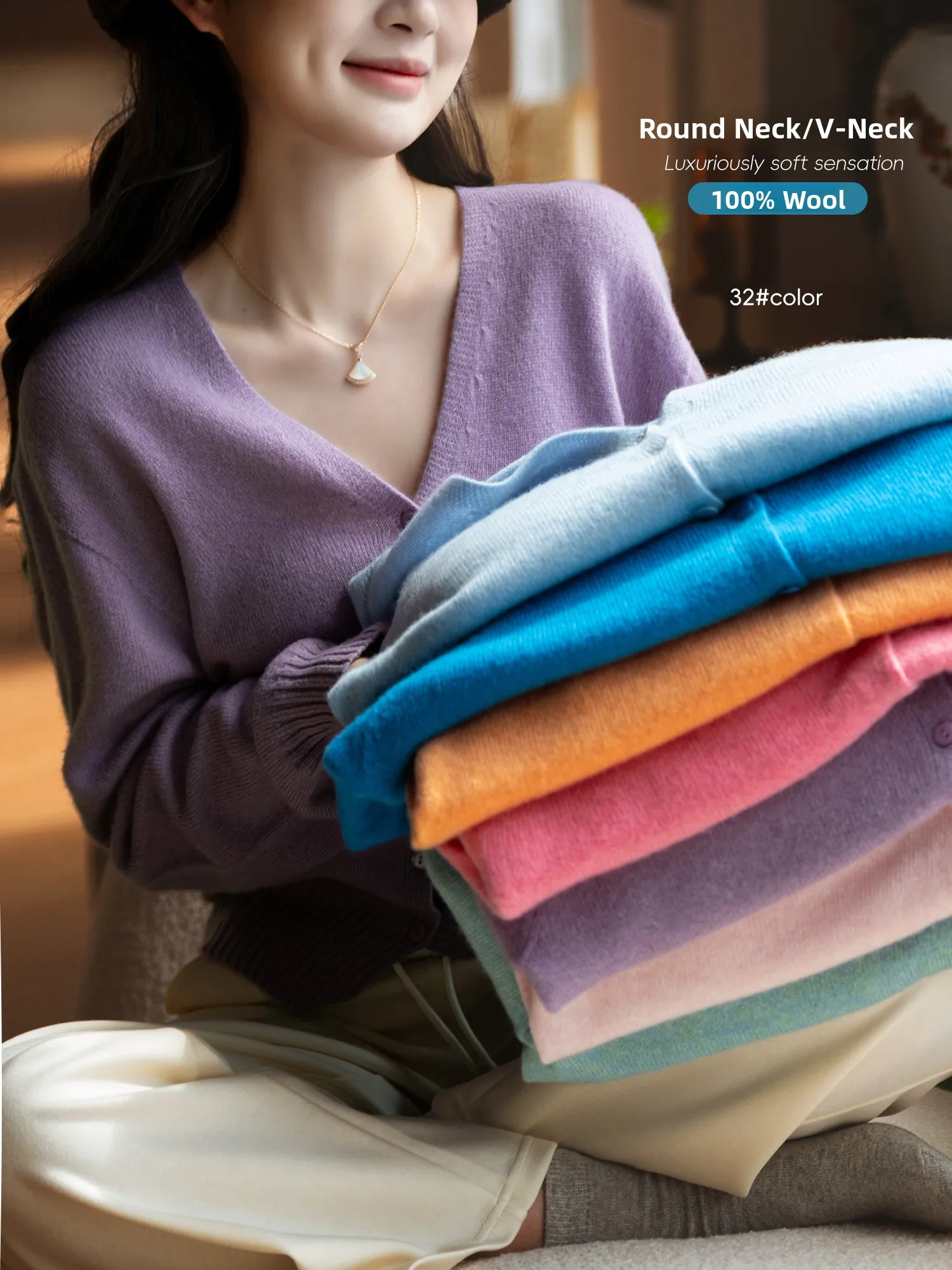 Elegant Style 100% Wool Knitted Cardigan V-Neck round Neck 260g Dyed Pure Color Women's Long Sleeve Regular Length Button-Up