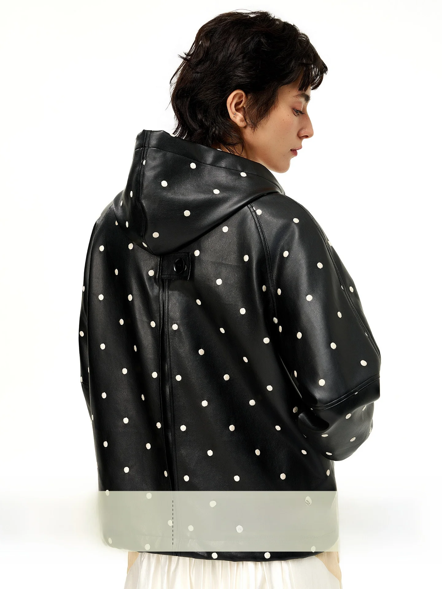 

Retro Motorcycle Raincoat Bla White Polka Dot Jaet Double Zipper Spring Riding Coat PU Leather Straight Cut Women's Jaet