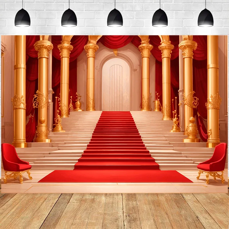 Wedding Luxury Celebration Background Red Carpeted Staircase Grand Building With Chandelier Stage Photography Backdrops TW-01