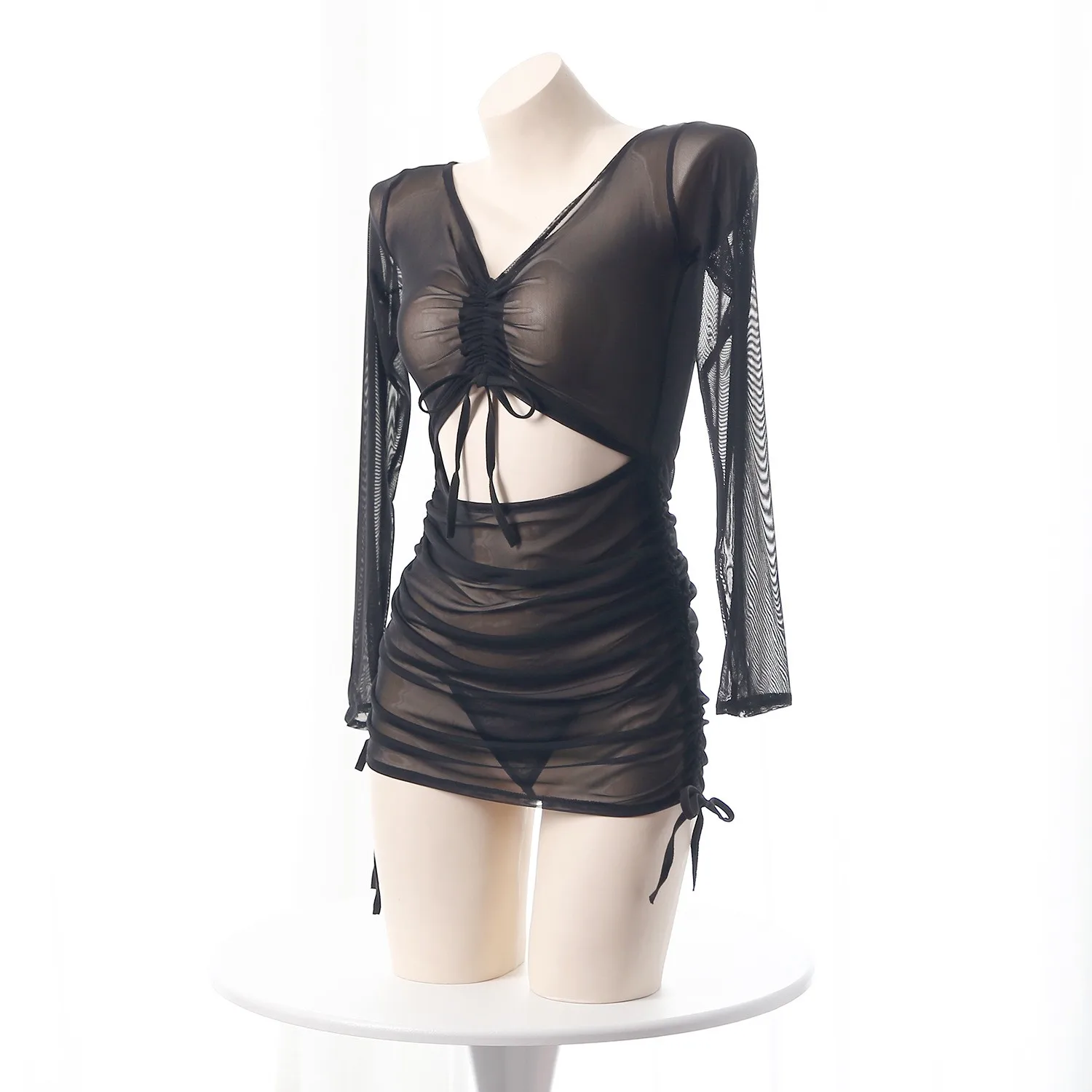 Costume da bagno sexy in rete nera trasparente con arricciatura, mini abito avvolto sui fianchi, manica lunga, costume da spettacolo per club party