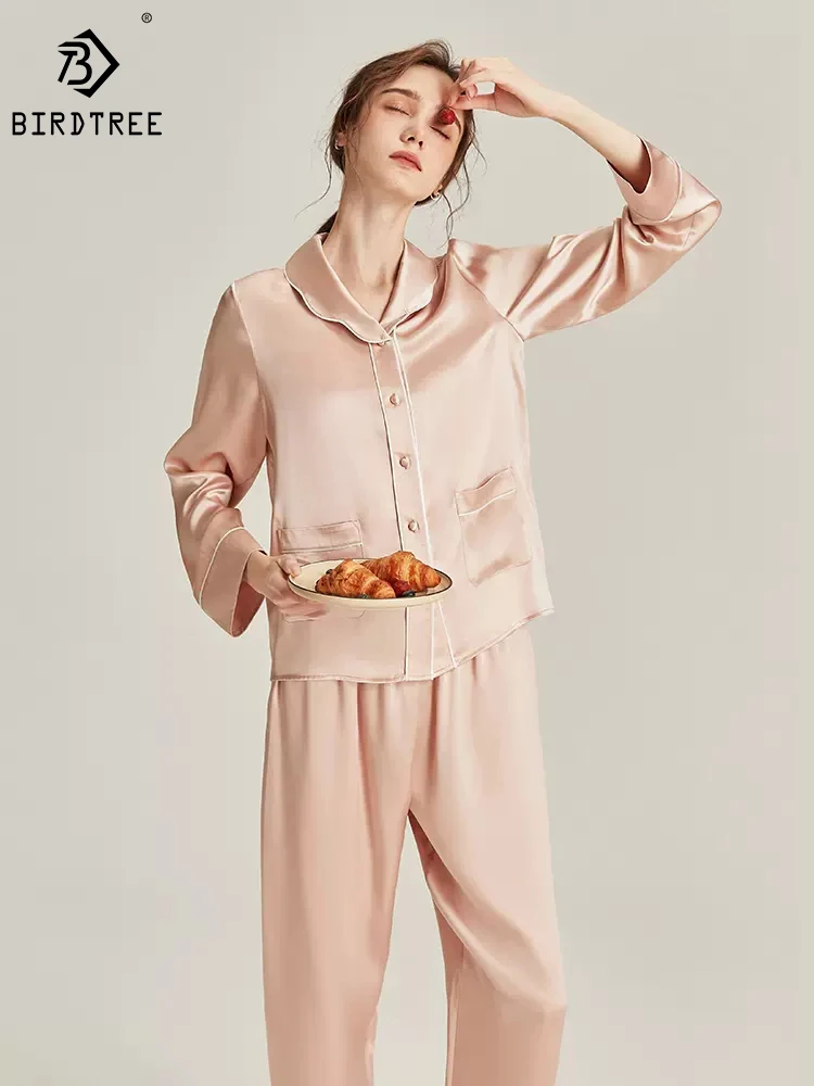 

Birdtree 16.5MM 100%Mulberry Silk 6A Pajama Set Long Sleeve Doll Collar Simple Breathable Skin-friendly Home Wear Women S39850QD